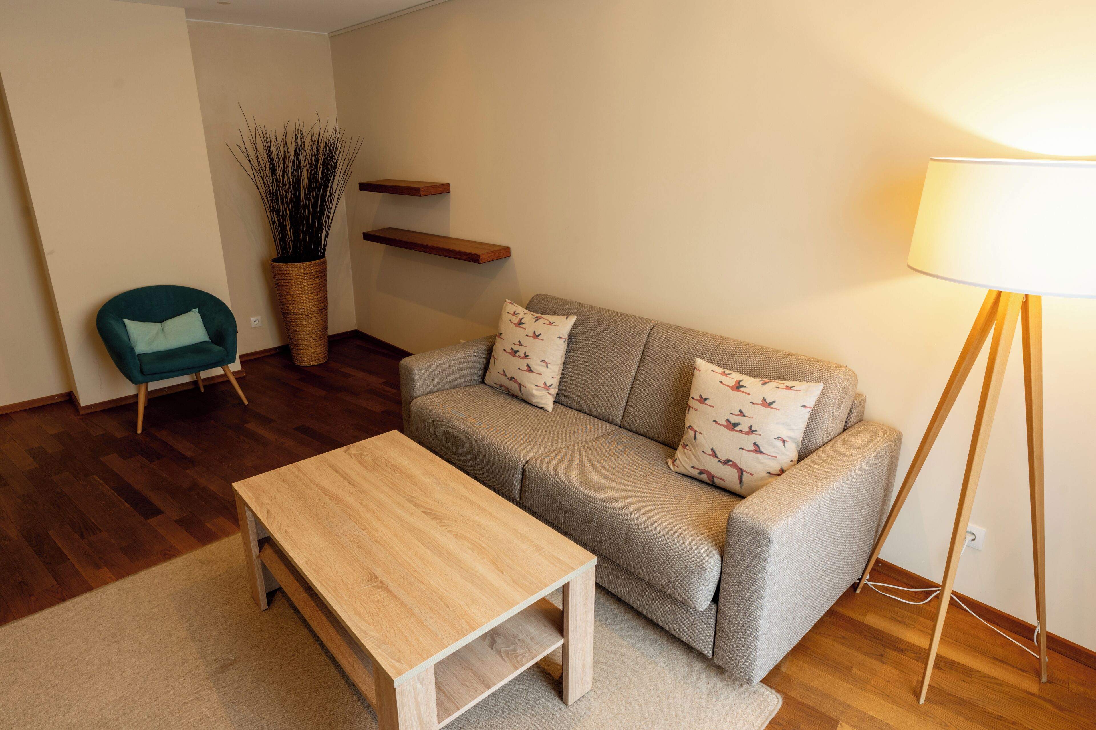 Un salon avec une table basse en bois, un canapé gris agrémenté de coussins à motifs, un fauteuil turquoise, un lampadaire et une grande plante dans un panier tressé.