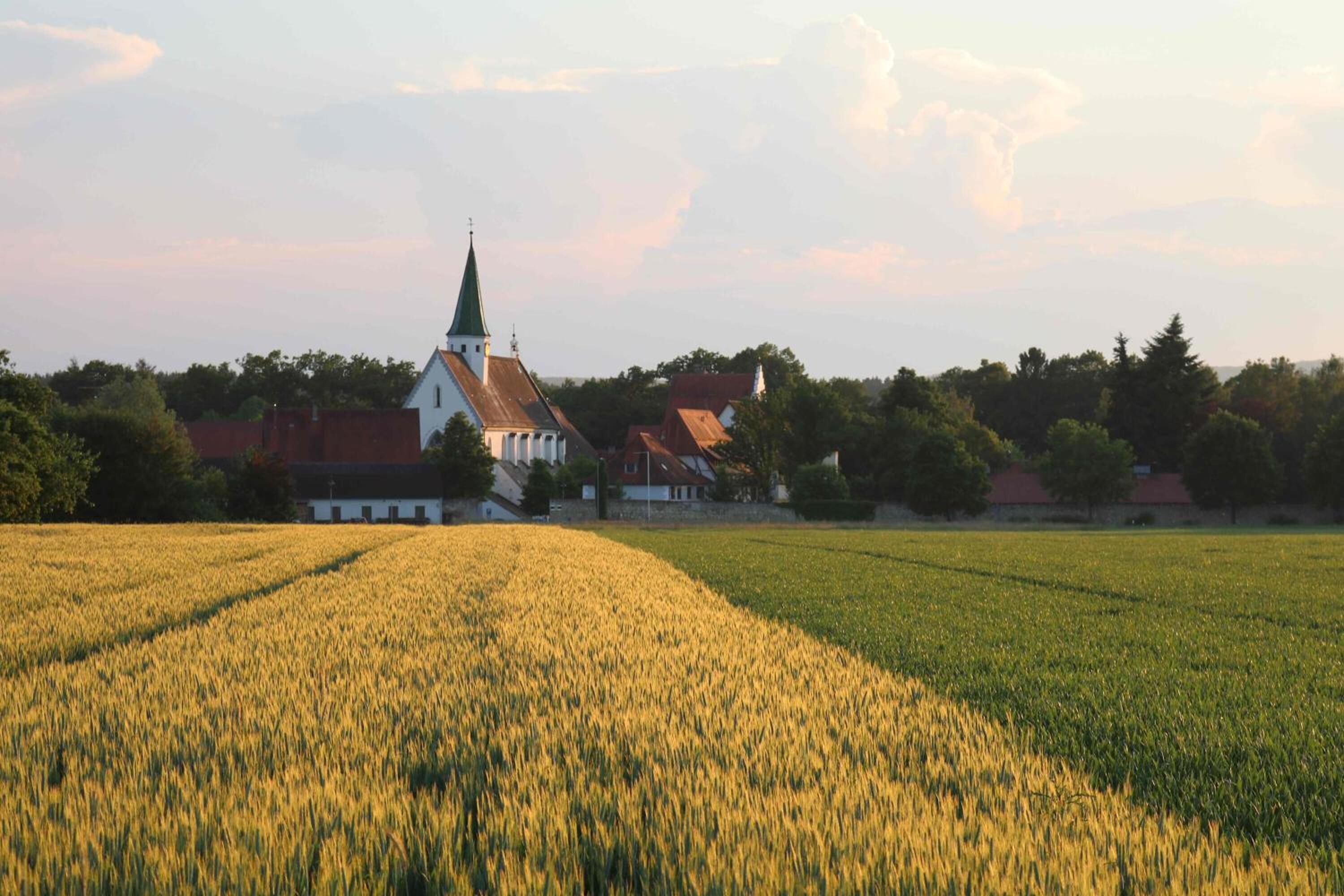 Paisaje rural con una iglesia y campos.
