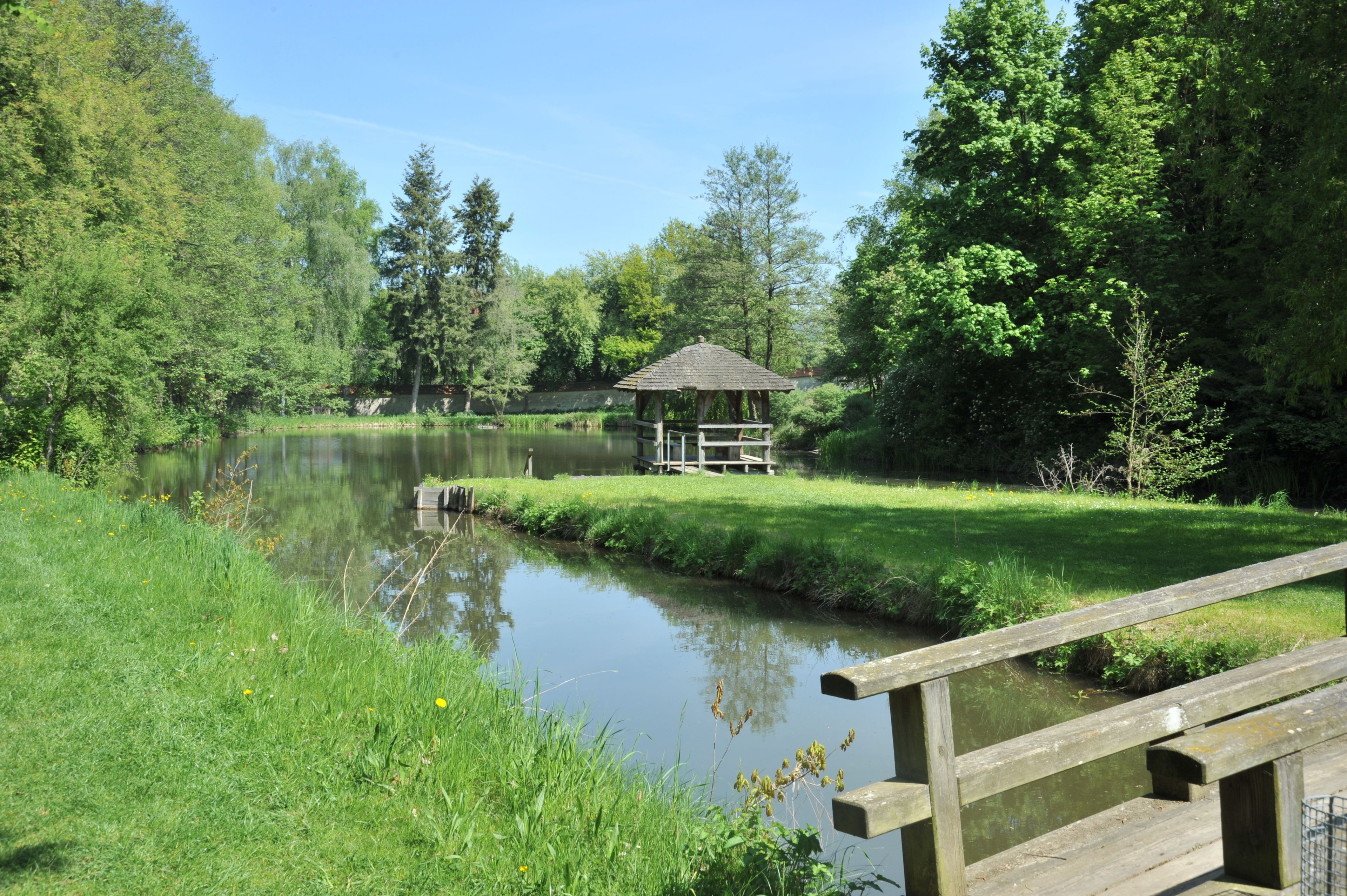 A wooden gazebo by a calm pond surrounded by lush greenery.