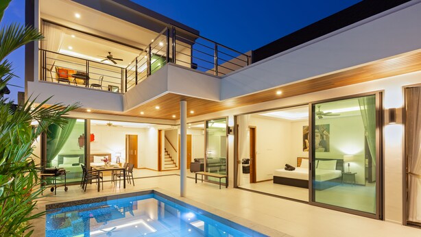 A modern hotel with a rooftop pool, a dining area, and a bedroom with a large window. - Exquisite Thai Balinese Pool Villa Mika (Rawai)
