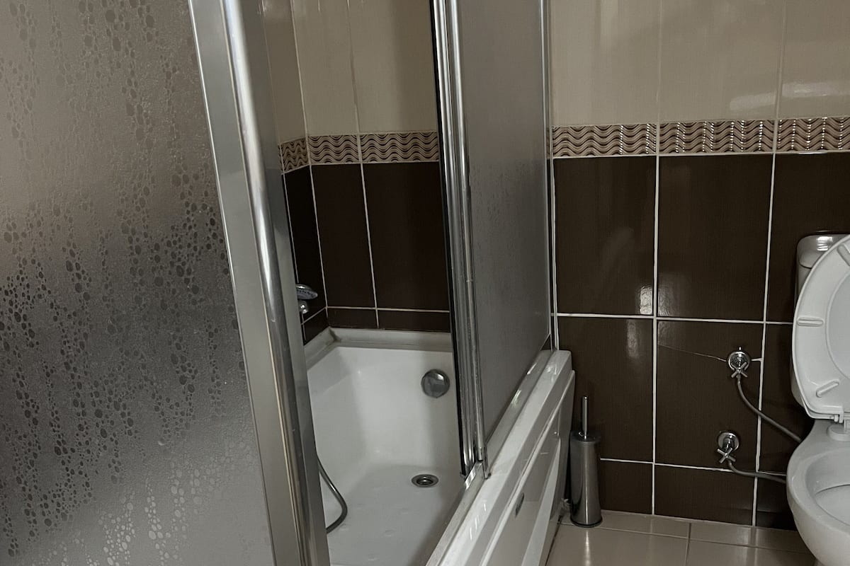 Une salle de bain avec une douche, des toilettes et des murs carrelés.