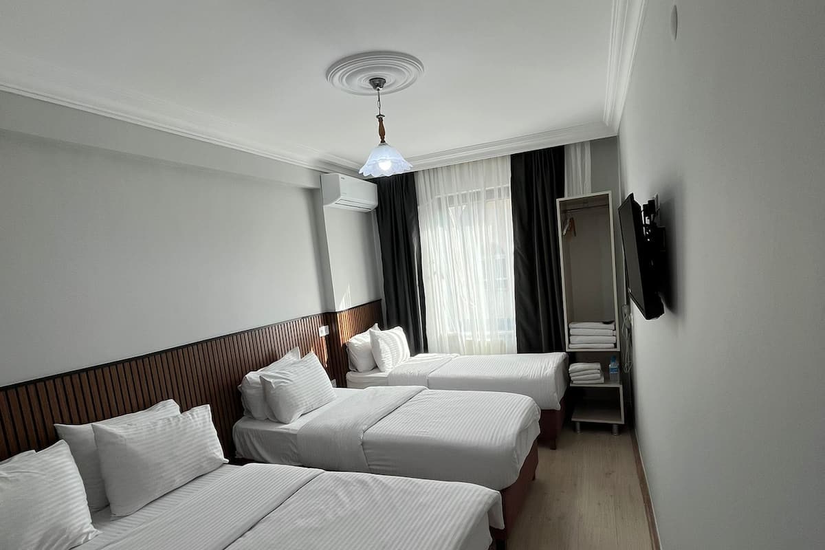 Une chambre d’hôtel avec deux lits, un ventilateur de plafond, un miroir et une armoire.