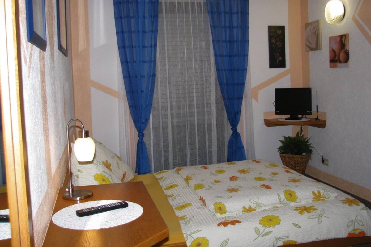 A hotel room with a bed, a bedside table with a lamp, a TV on a stand, and a potted plant.