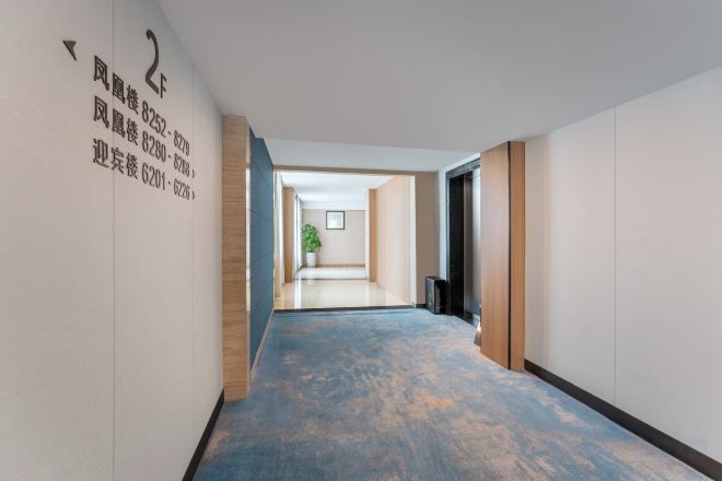 A hallway with directional signs, a plant, and a door leading to another room.