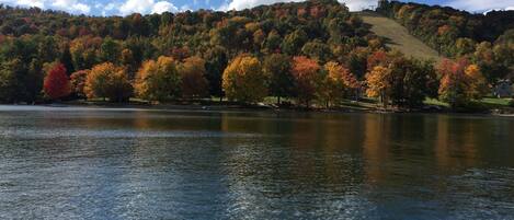 A lake with autumn-colored trees and a hill in the background.