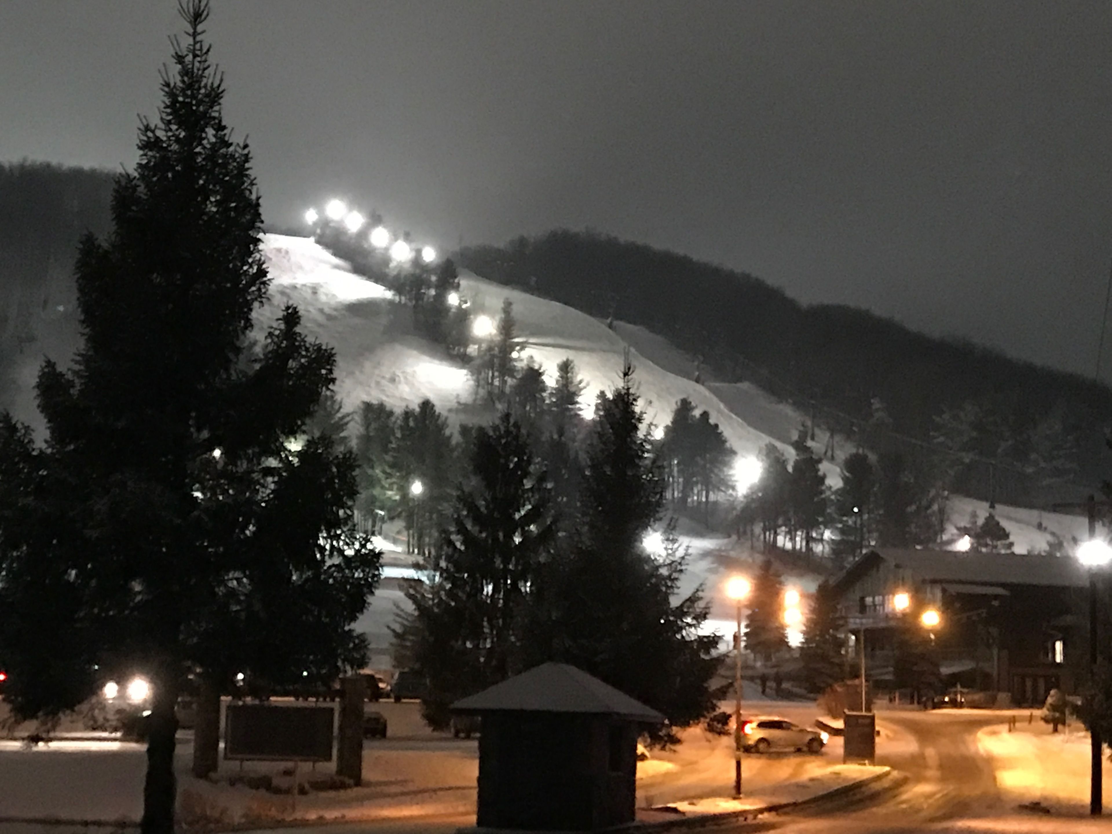 A snow-covered mountain with streetlights and a road leading to a small building.