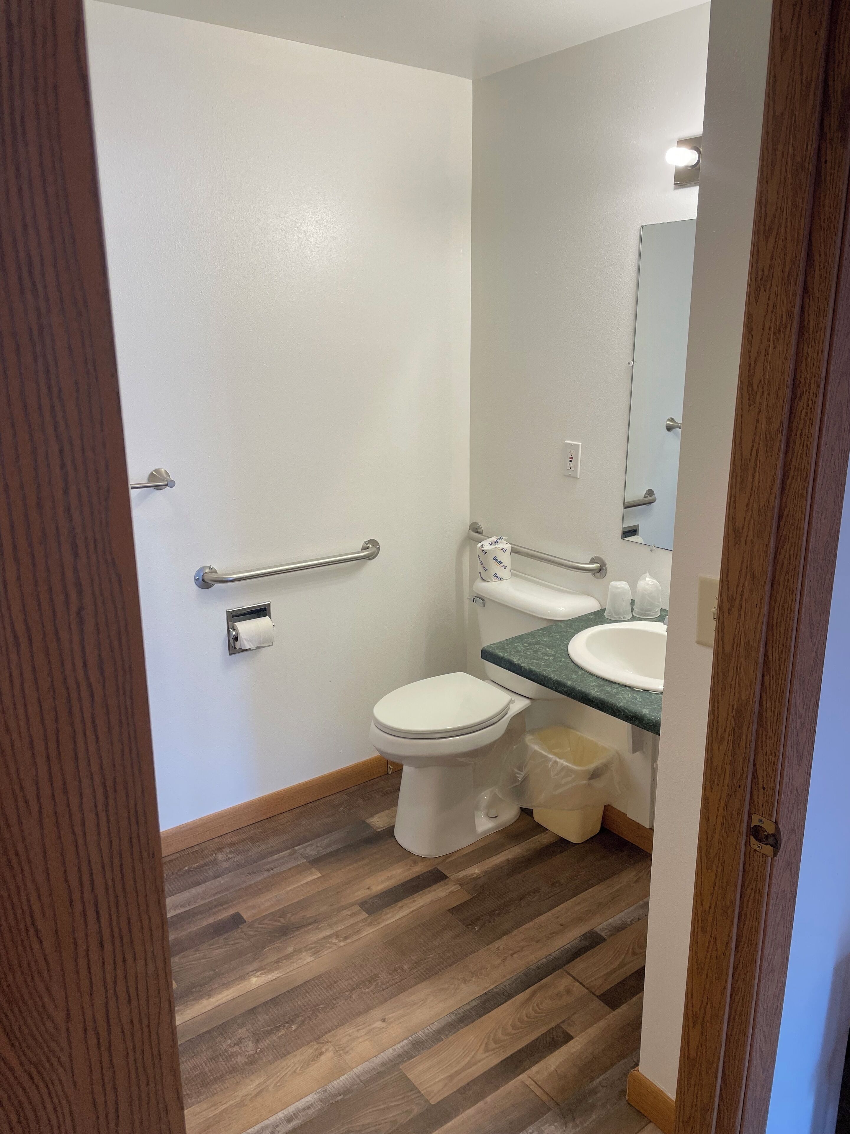 Une petite salle de bain propre, équipée de toilettes, d’un lavabo et de barres d’appui.