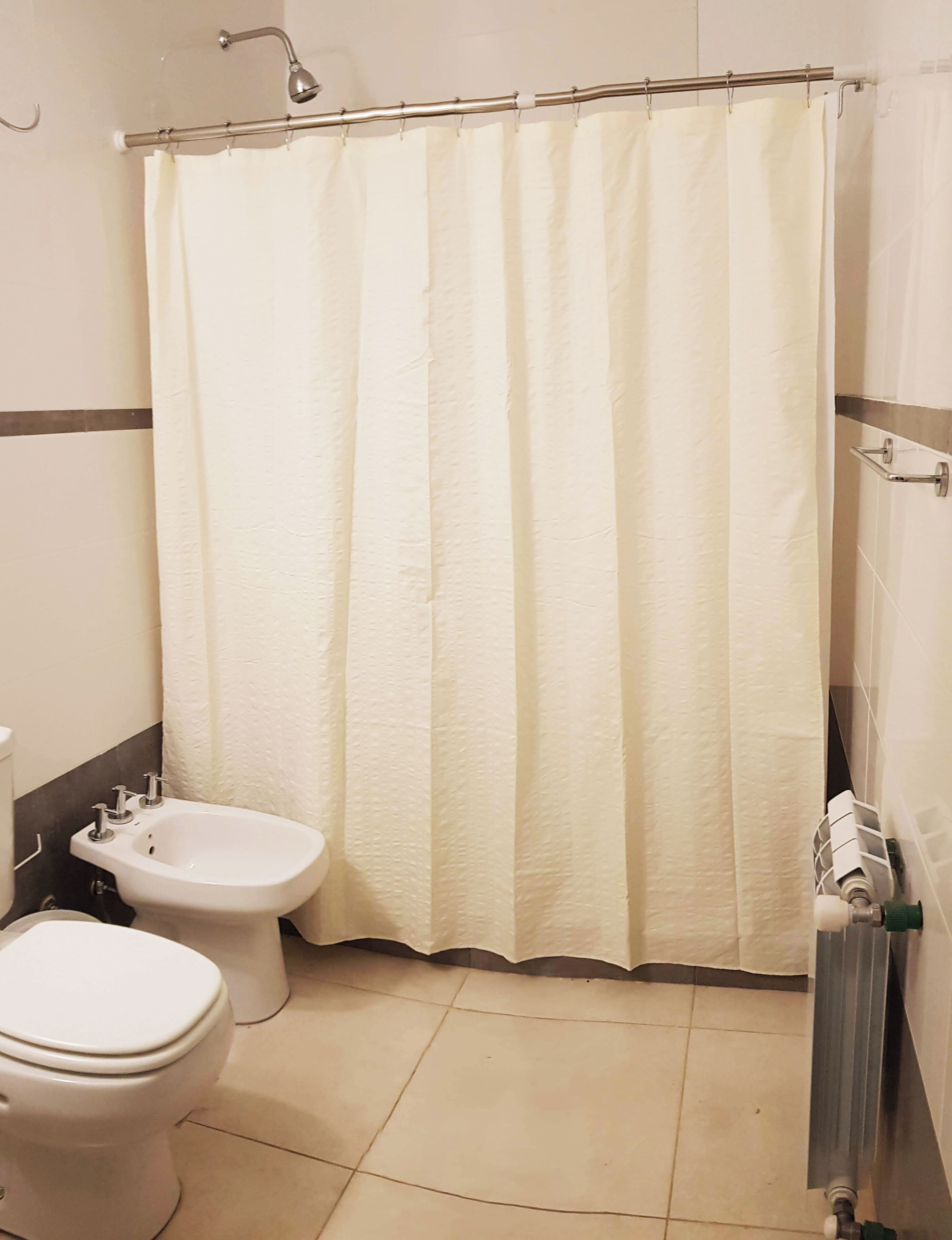 A bathroom with a shower curtain, a bidet, and a toilet.