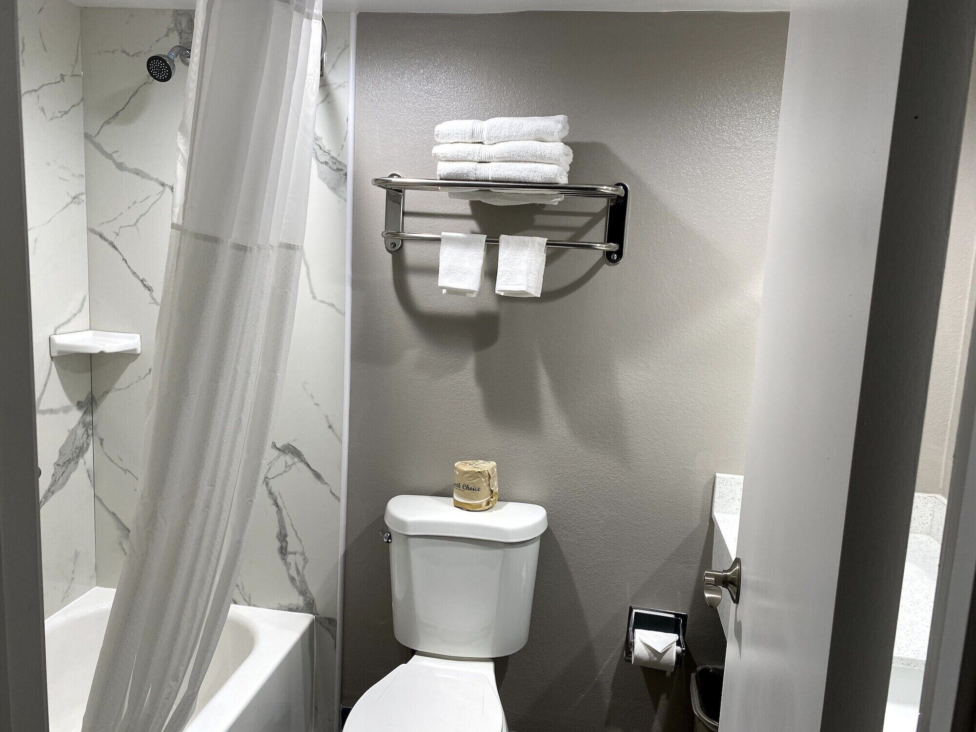 Un baño con ducha de mármol, inodoro, toallero y dispensador de papel higiénico.