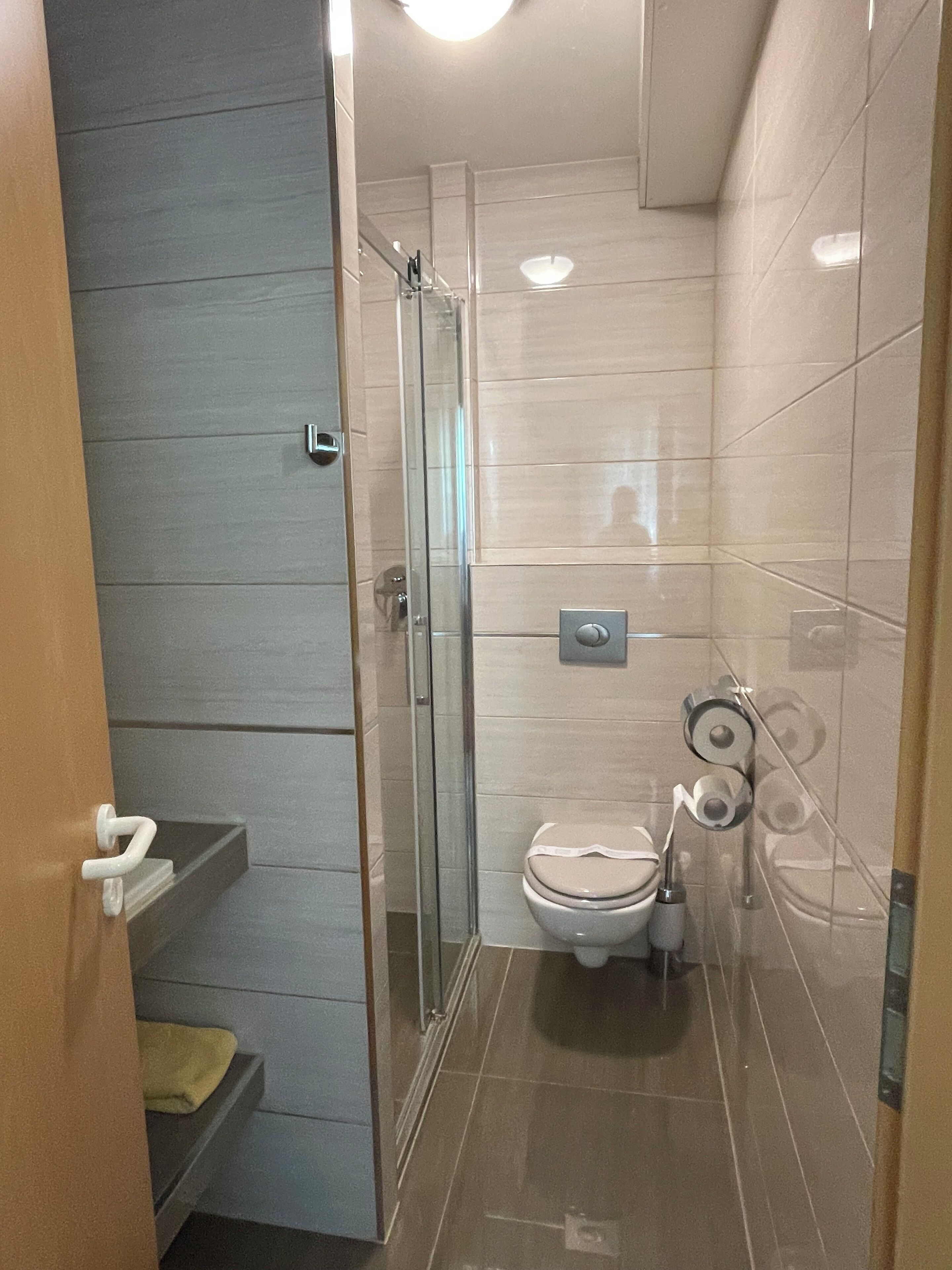 Un baño moderno con cabina de ducha de vidrio, inodoro y perchero para toallas.