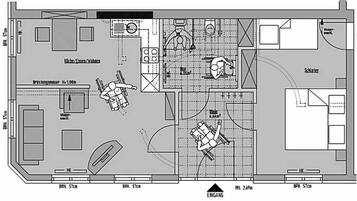 A hotel floor plan with a kitchen, dining area, and a water feature.