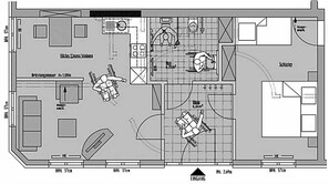 A hotel floor plan with a kitchen, dining area, and a water feature. - Landhotel Gary (Wolframs-Eschenbach)