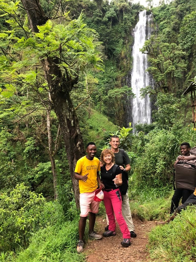 Un grupo de personas de pie en un sendero, con una cascada al fondo.