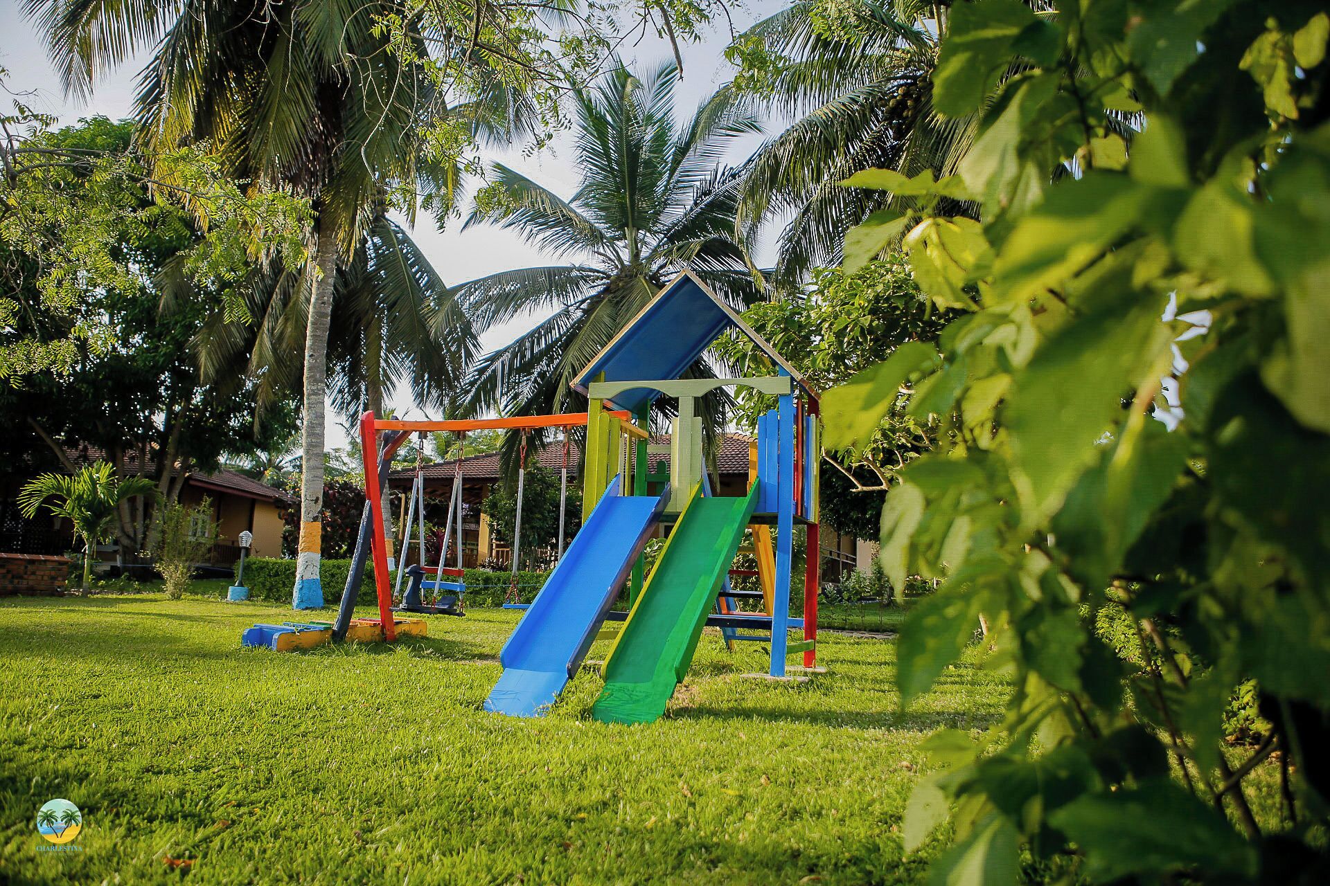 Un parque infantil con toboganes y columpios rodeado de palmeras y césped.