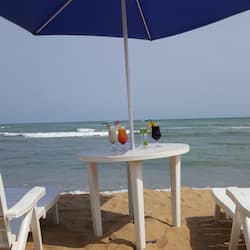 Plage privée, sable blanc, chaises longues, parasols