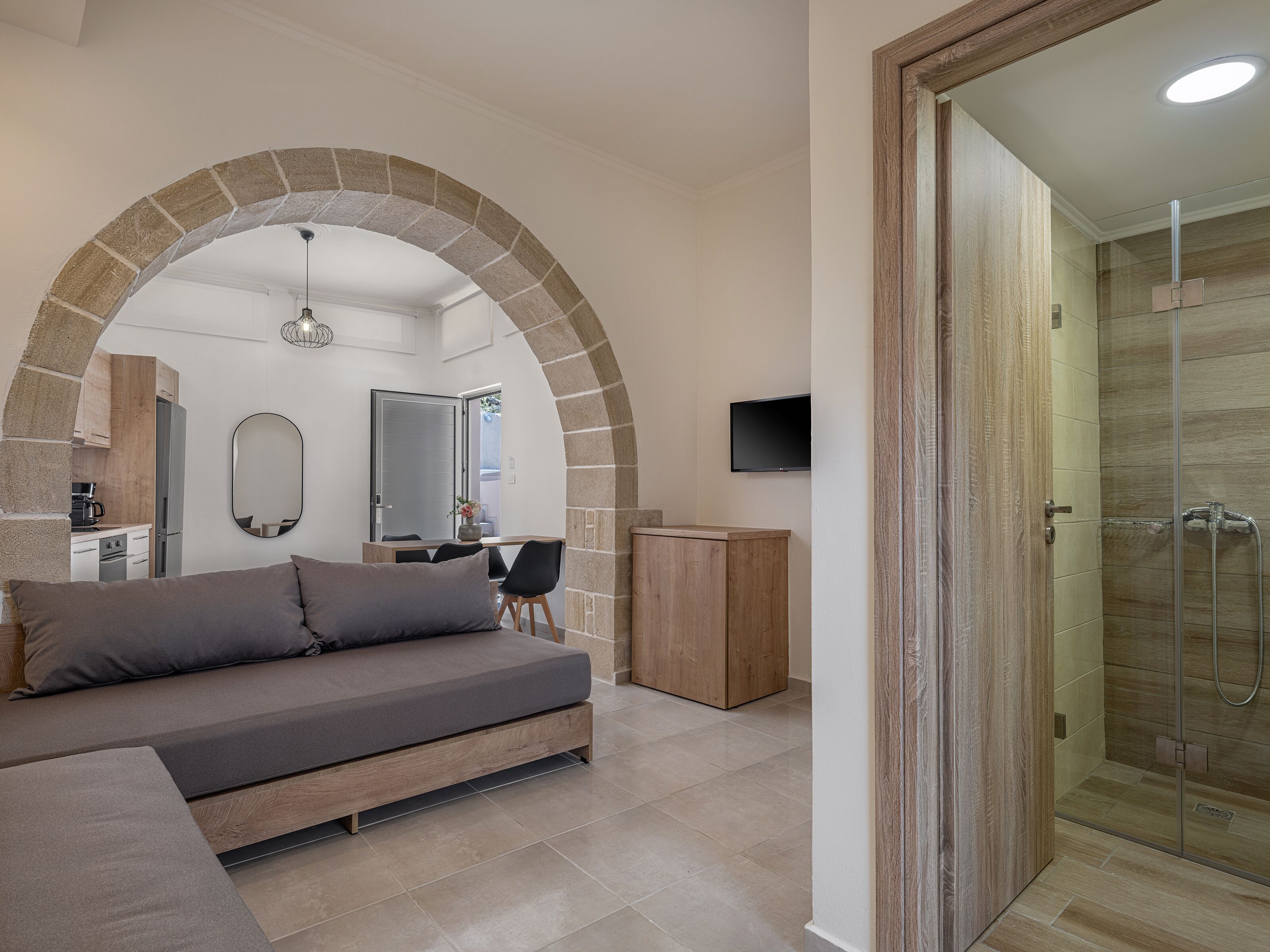 A modern room with a sofa, a desk, a TV, and a shower area.