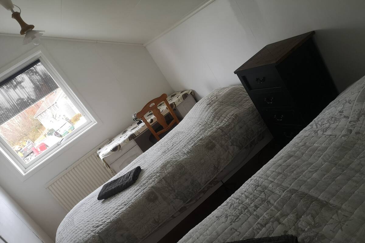 A bedroom with two beds, a dresser, a desk, and a window with blinds.