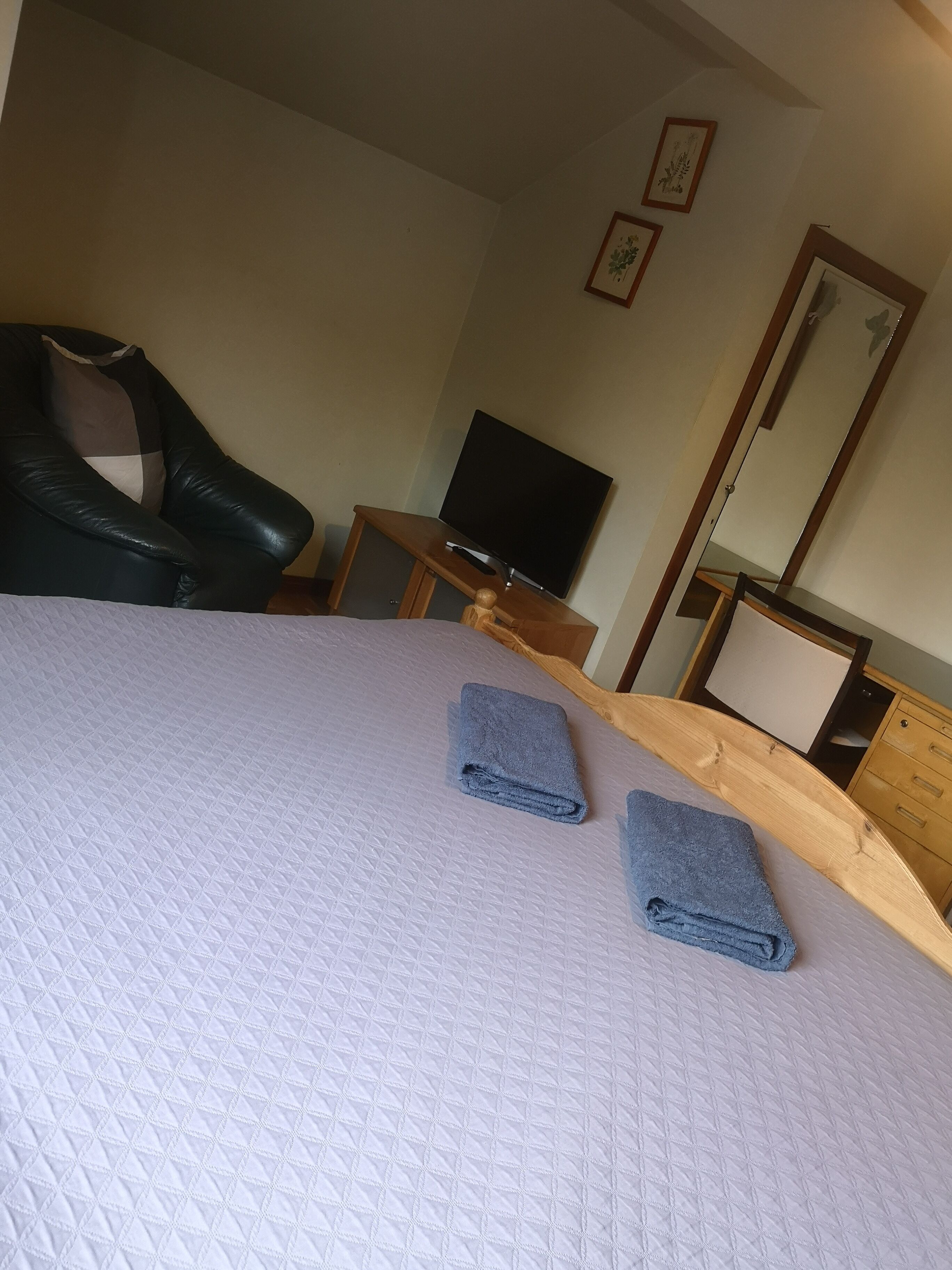 Una habitación de hotel con una cama, una silla, un escritorio, un televisor y un espejo.
