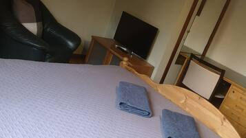 Una habitación de hotel con una cama, una silla, un escritorio, un televisor y un espejo.