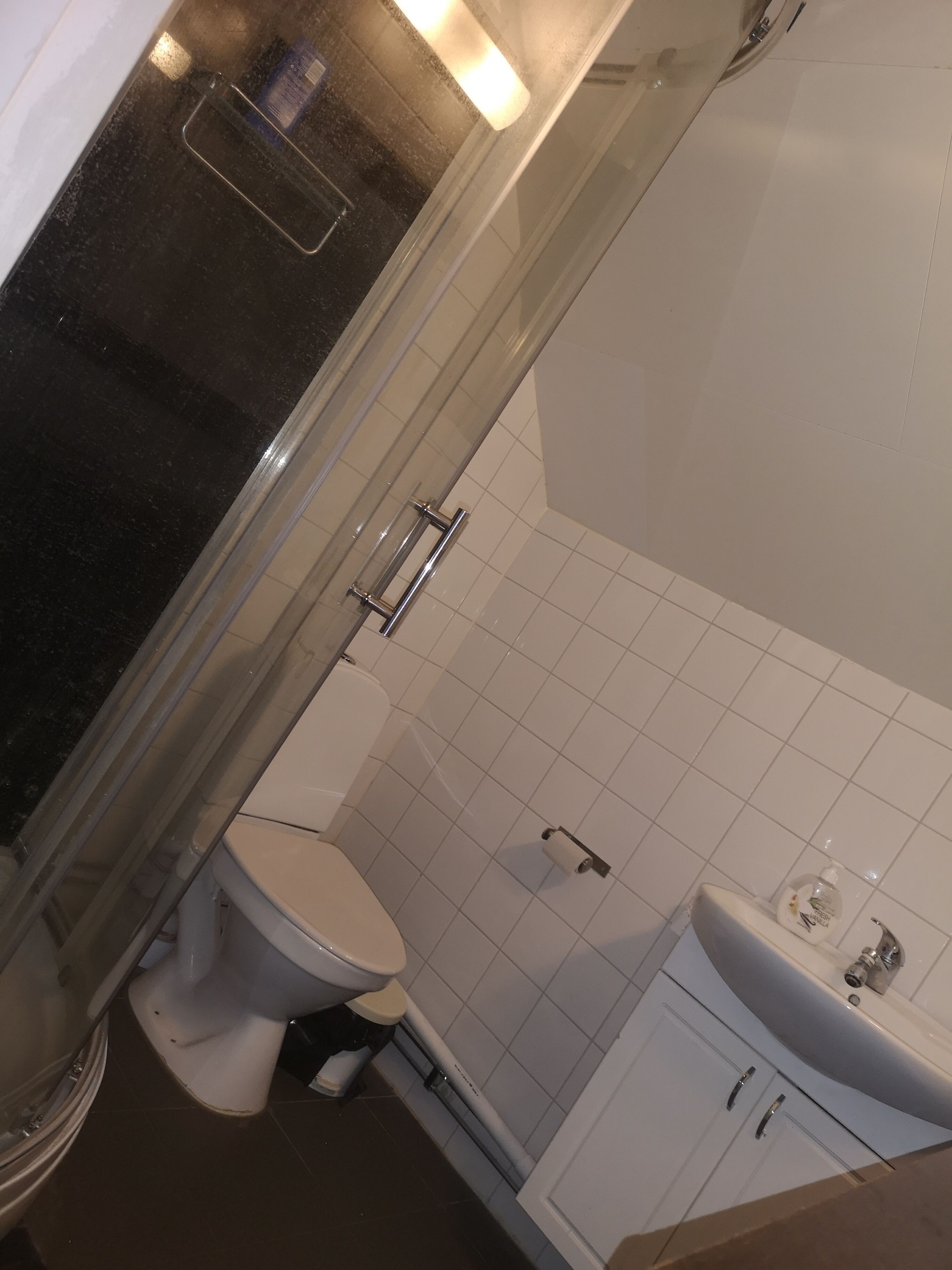 Ein Badezimmer mit Toilette, Waschbecken und Duschbereich.