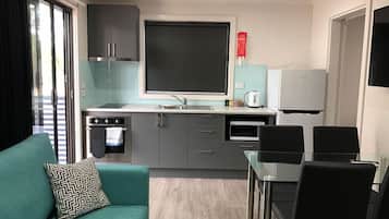 Fridge, microwave, stovetop, electric kettle