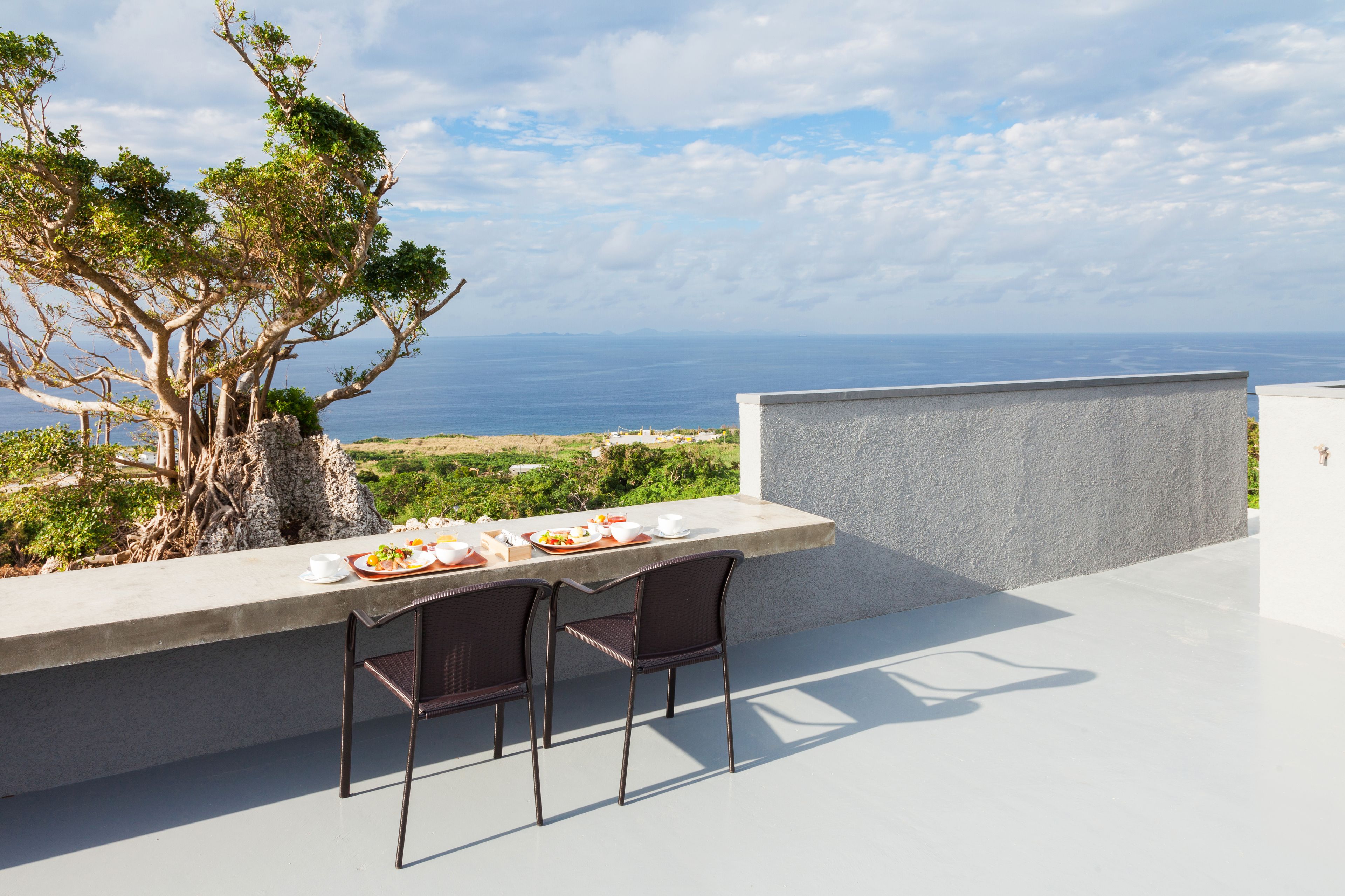 Un espace de restauration en plein air offrant une vue sur la mer, un arbre et un mur blanc.