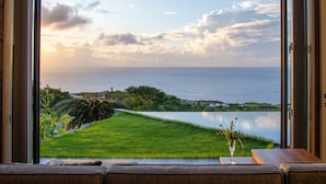 A view from a room with a large window overlooking a grassy area and the sea. - Hanalee Villa Kouri (Nakijin)