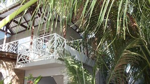 A balcony with a white railing, surrounded by lush green palm trees and tropical plants.