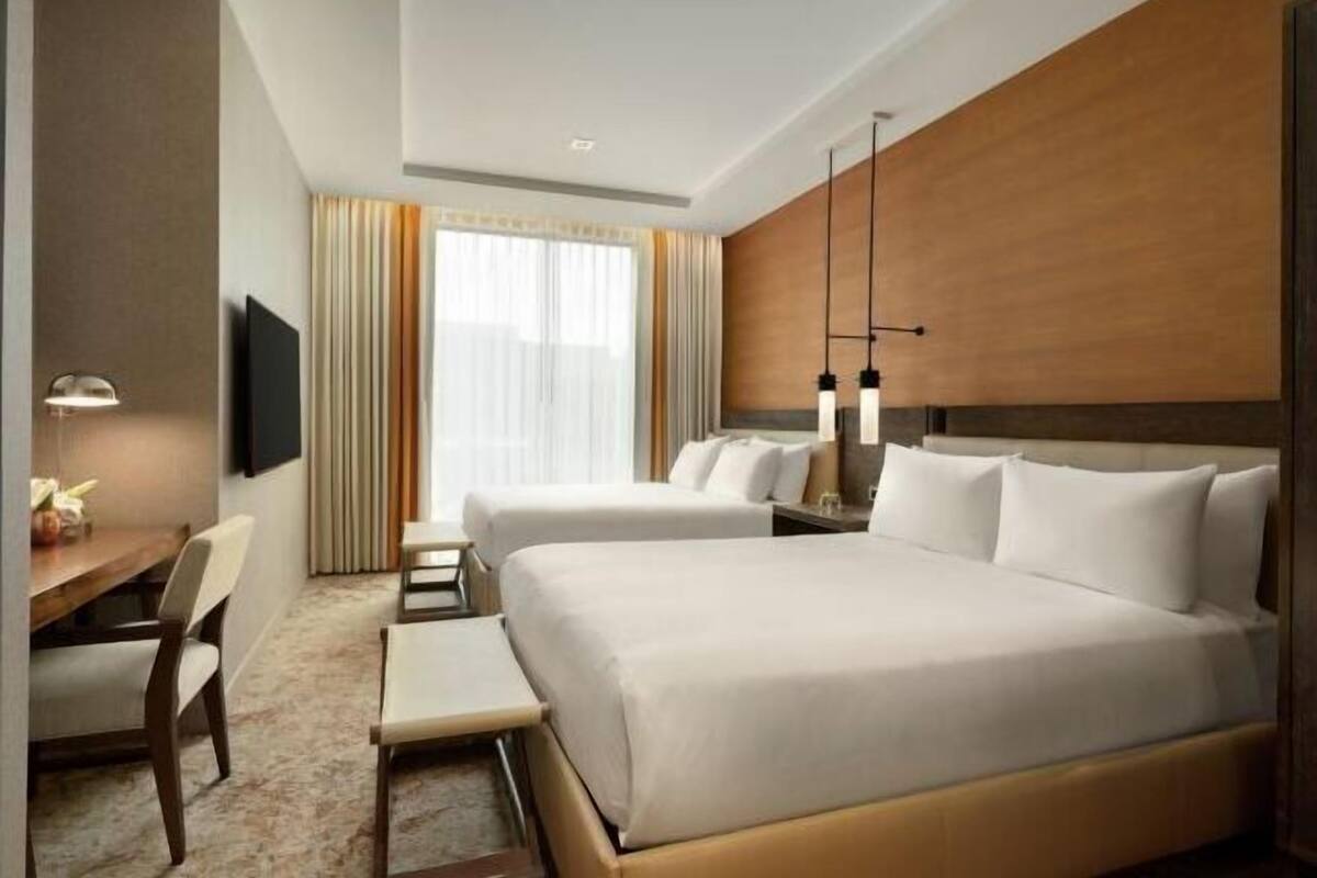 In-room safe, desk, laptop workspace, blackout curtains
