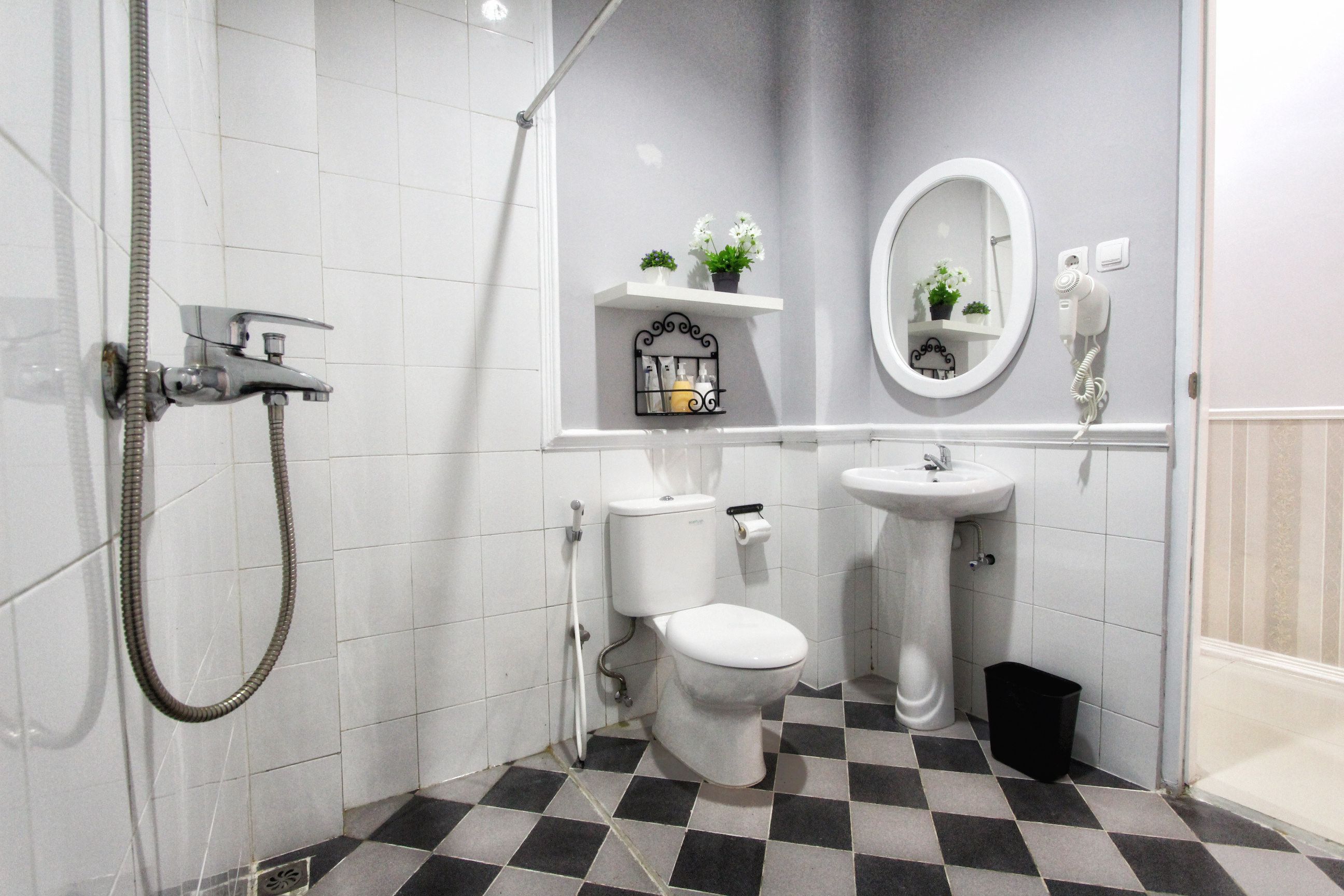 Baño con inodoro, lavabo y ducha. Hay estantes con plantas y un espejo sobre el lavabo.