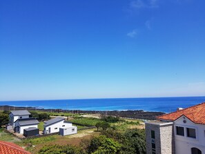 Ein Küstenwohngebiet mit Häusern, blauem Himmel und dem Meer im Hintergrund.