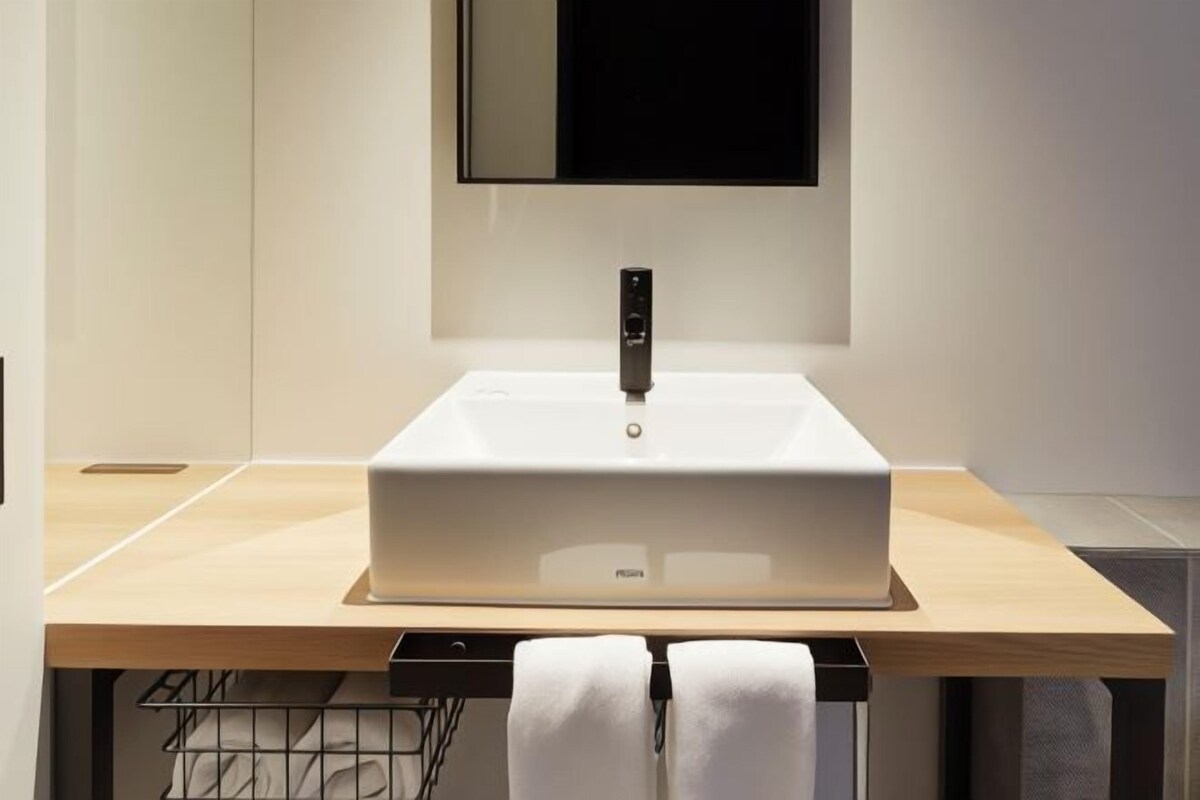 Une salle de bain moderne avec un lavabo rectangulaire, un robinet noir et un miroir au-dessus.