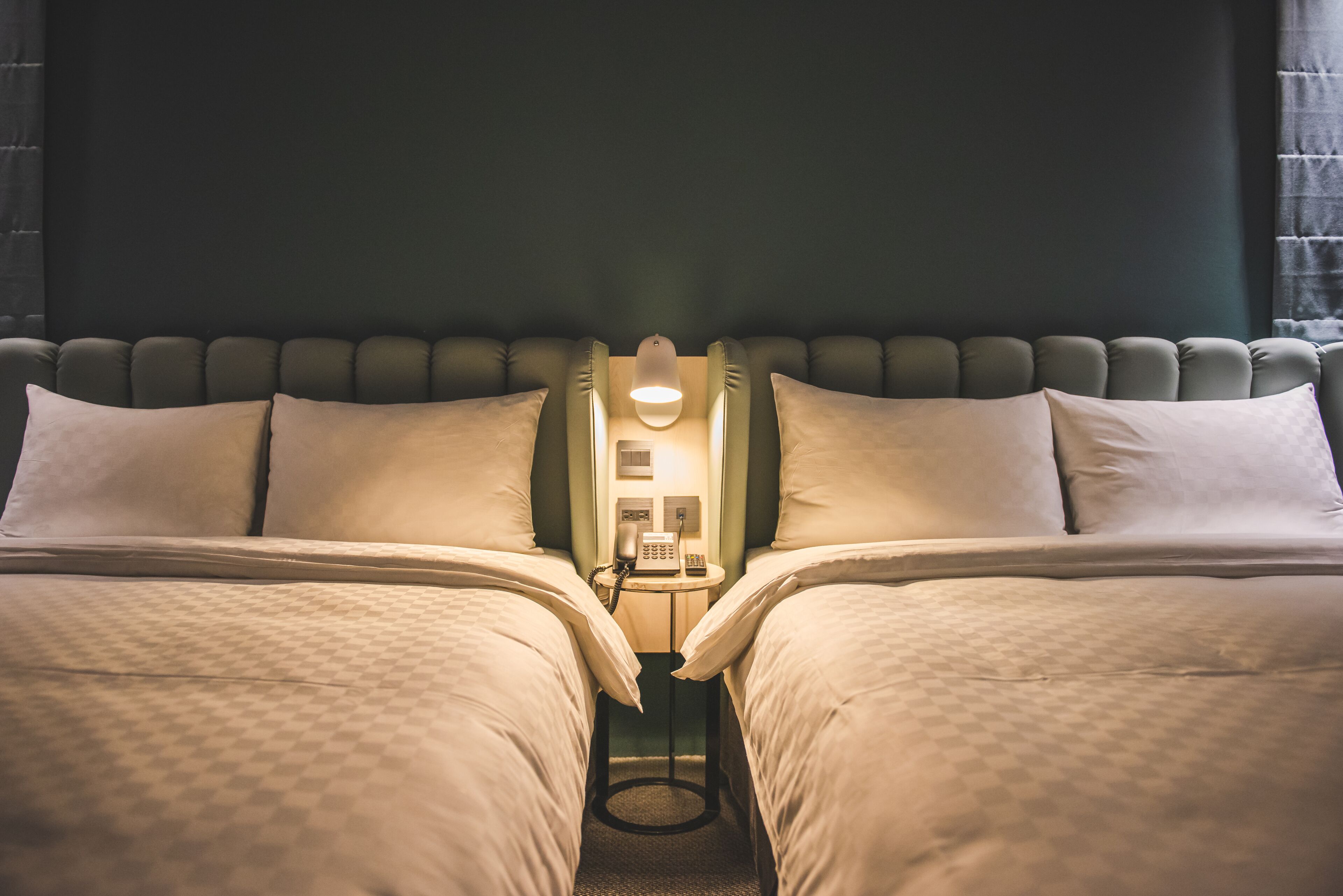 down duvets, desk, laptop workspace, blackout curtains