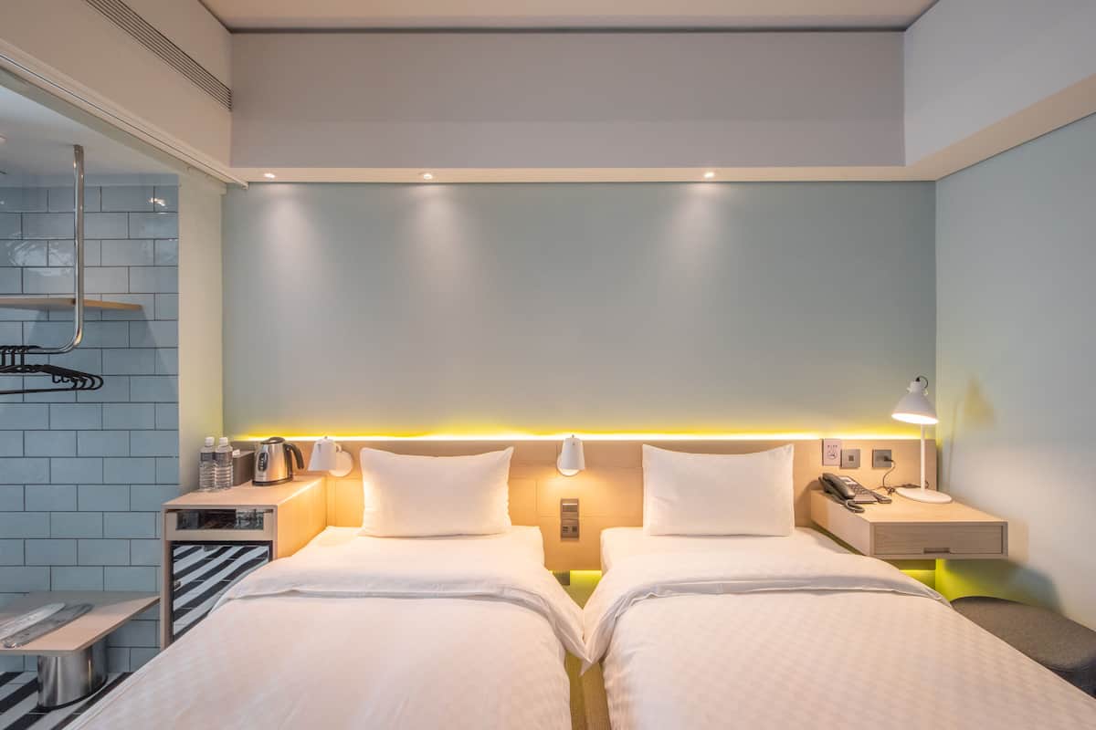 down duvets, desk, laptop workspace, blackout curtains