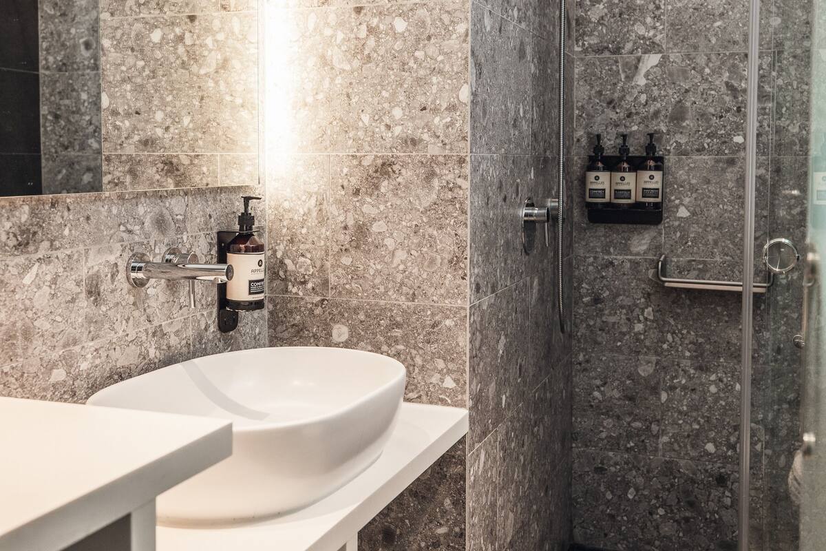 shower, free toiletries, hair dryer, slippers