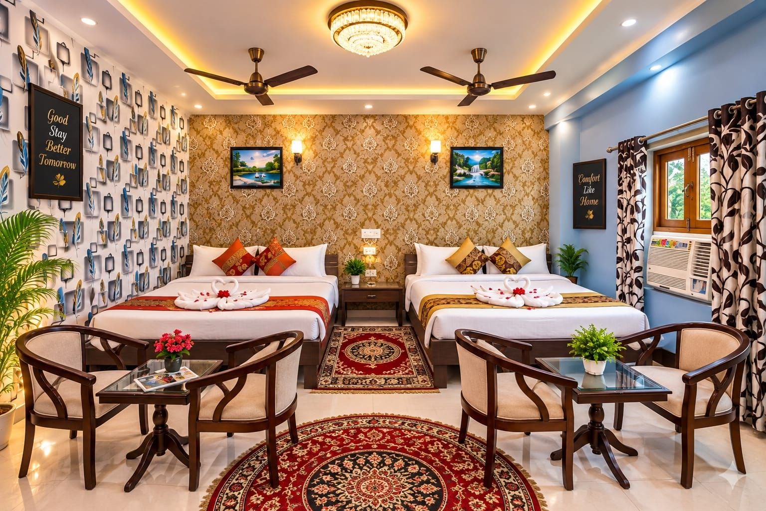 Habitación de hotel con dos camas, un candelabro, ventiladores de techo, un televisor y un adorno mural.