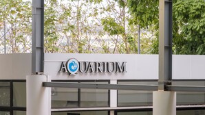 Un edificio con el letrero 'AQUARIUM' que indica una instalación, posiblemente un museo o espacio de exhibición.
