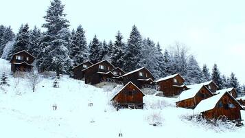 A cluster of wooden cabins in a snowy landscape.