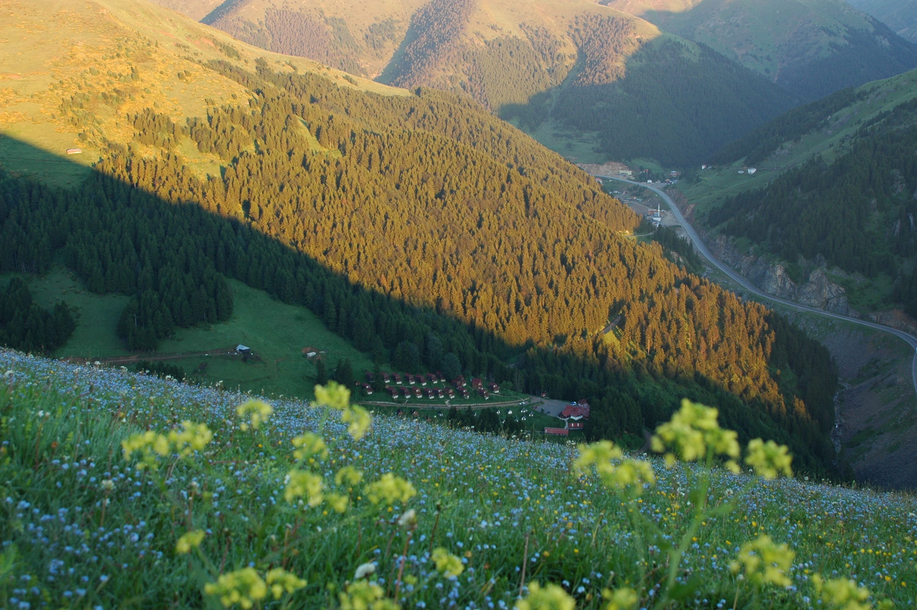 Un paisaje montañoso con un valle, una carretera y un grupo de edificios.