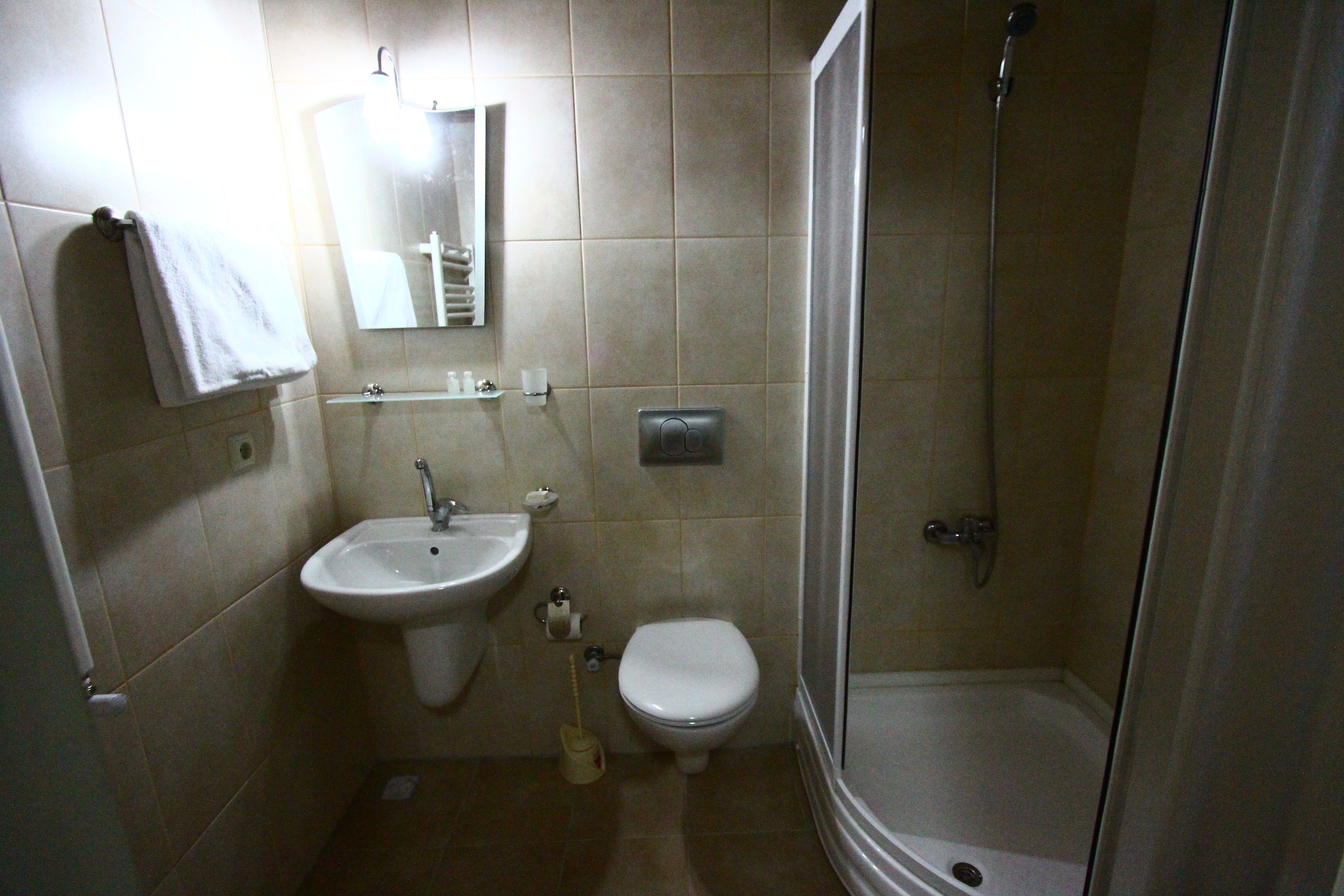 A small bathroom with a sink, toilet, and shower.