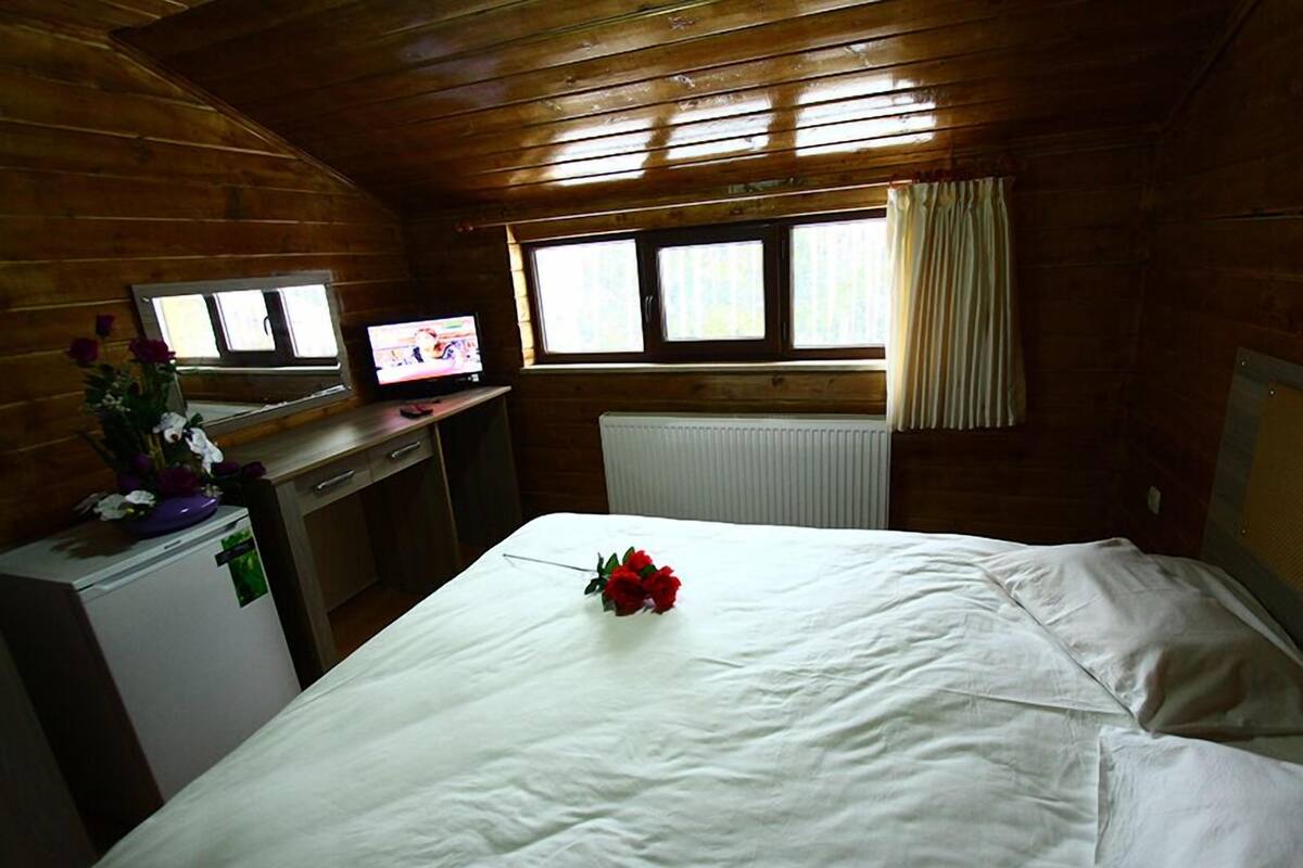 A wooden cabin room with a bed, a small desk, a television, and a window with curtains.