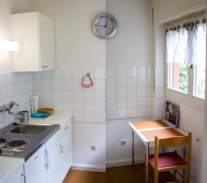Fridge, microwave, stovetop, electric kettle
