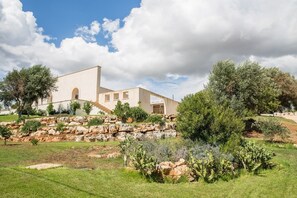A modern building with a flat roof, a staircase leading to the entrance, and a landscaped garden with rocks and trees. - Azienda Agricola Spirdo (Ruffano)