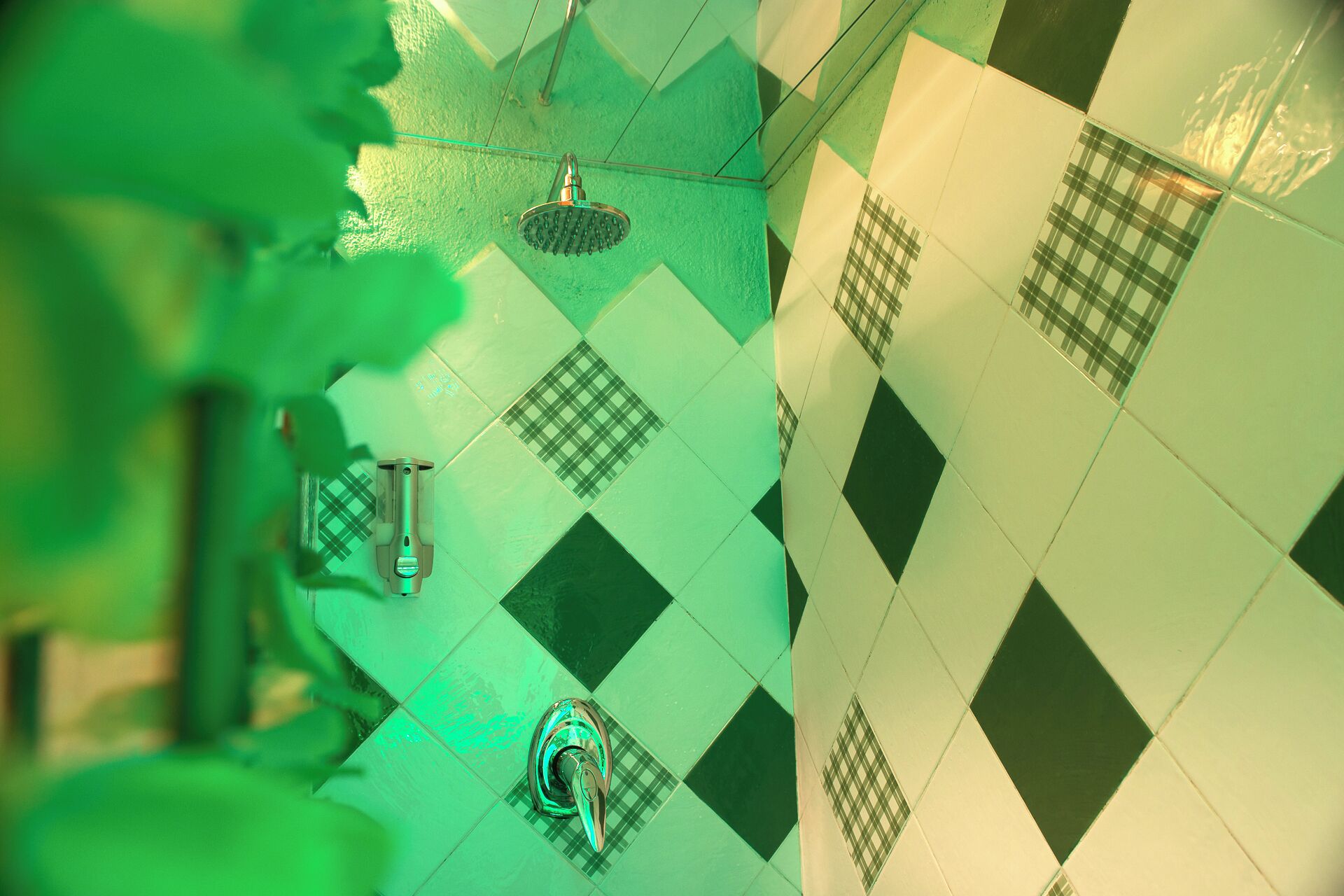 Ein Badezimmer mit Schachbrettmuster auf dem Boden, einer Duschbrause und einem Wasserhahn.