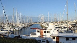 Un port de plaisance où sont amarrés de nombreux voiliers, une grande roue en arrière-plan et un bâtiment portant l’inscription « TimoneYachts ».