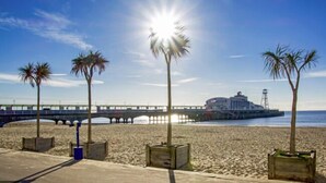 A beach with palm trees, a pier, and a building with a lighthouse. - Holiday Home With Hot Tub & Sauna (Bournemouth)
