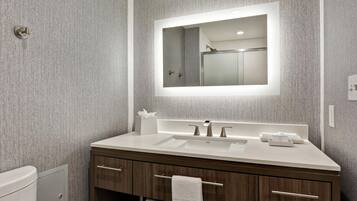 Un baño moderno con un espejo grande, un lavabo y un inodoro.