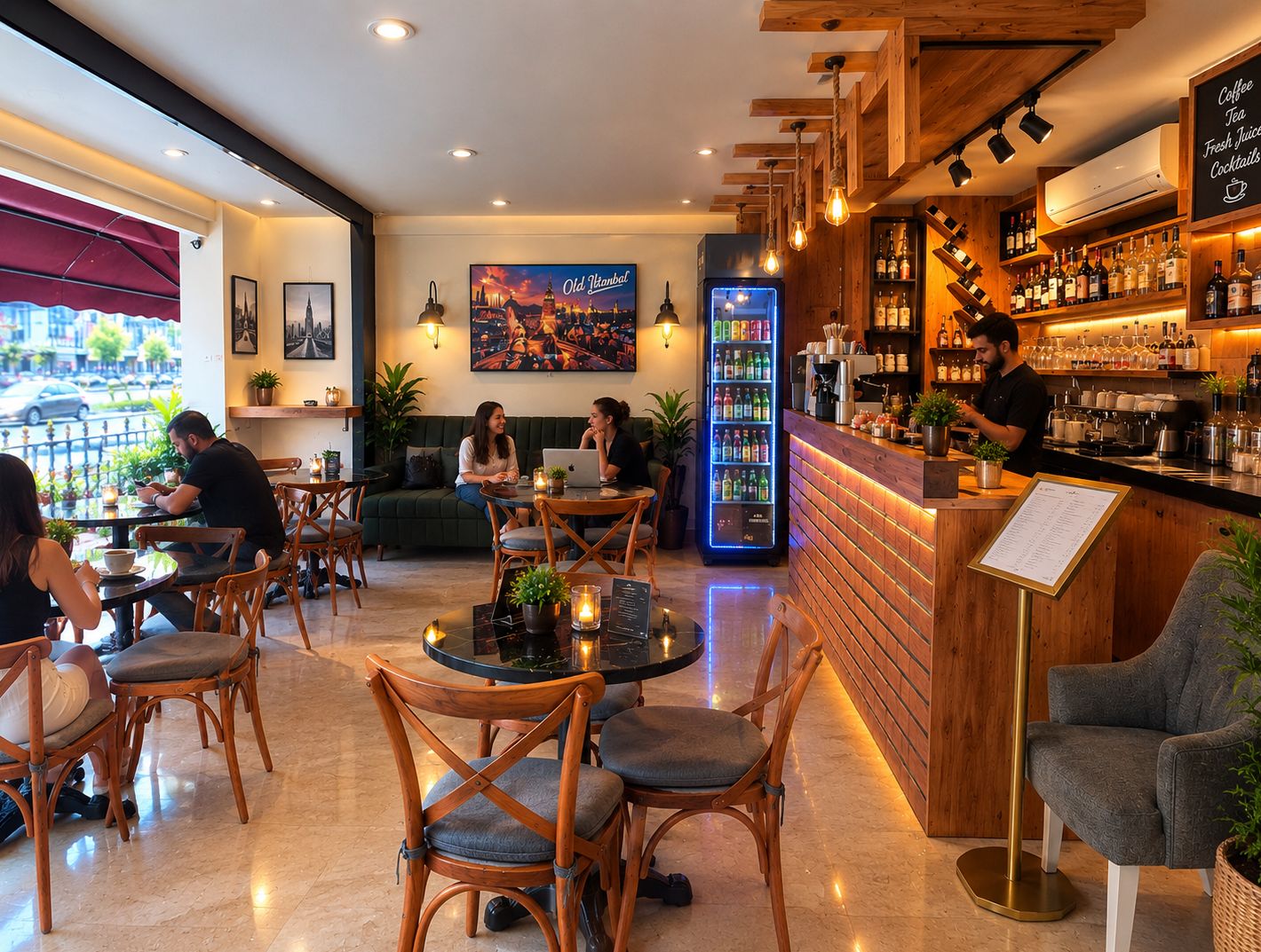 Un café avec des meubles en bois, un coin bar et un tableau représentant un paysage urbain accroché au mur.