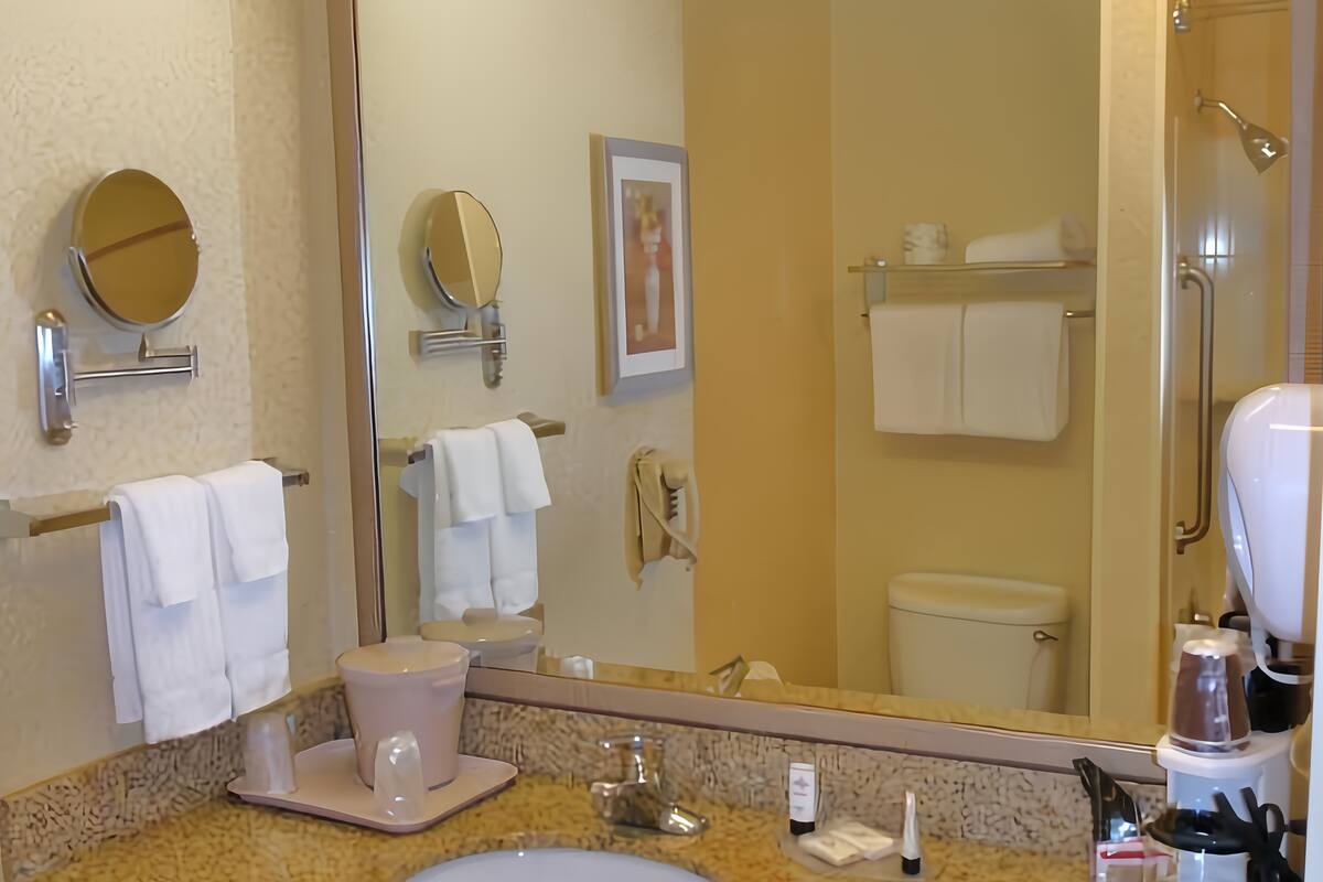 room, 1 king bed (mobility/hearing access, roll-in shwr) | bathroom | free toiletries, hair dryer, towels
