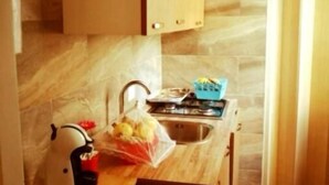 A compact kitchen with wooden cabinets, a sink, and a stove. - EmyJo Central B&B (Naples)
